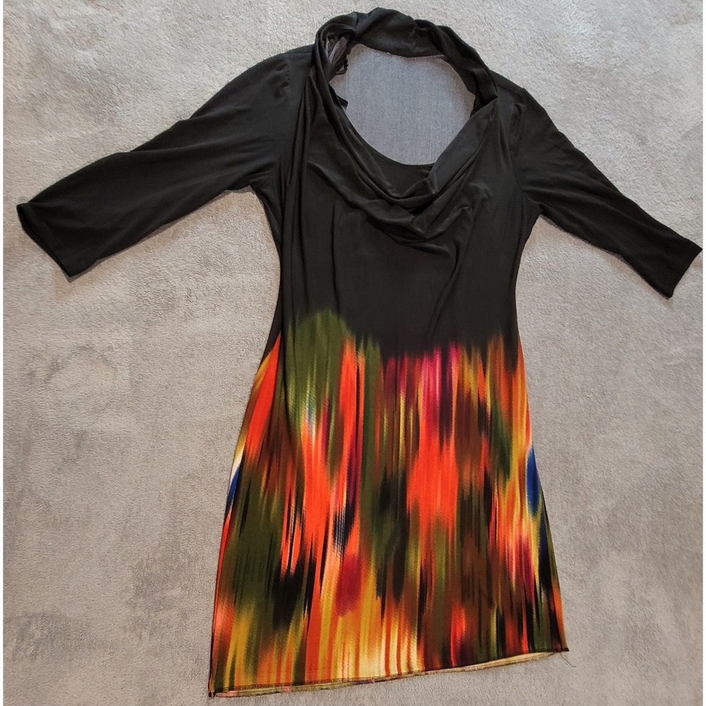 Maggy London Black Abstract Ikat Cowl Neck 3/4 Sleeve Sheath Dress